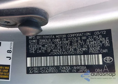 2012 Toyota Prius Four from USA, damaged, VIN JTDKN3DU6C5421852